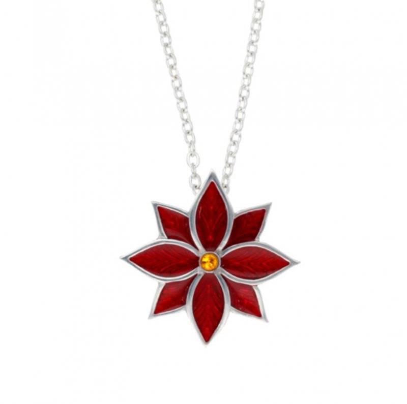 Image 1 of Poinsettia Flower Red Enamel Yellow Crystal Stylish Pewter Pendant