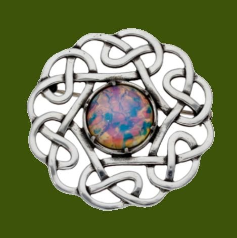 Image 0 of Celtic Endless Open Knotwork Opal Glass Stone Stylish Pewter Brooch