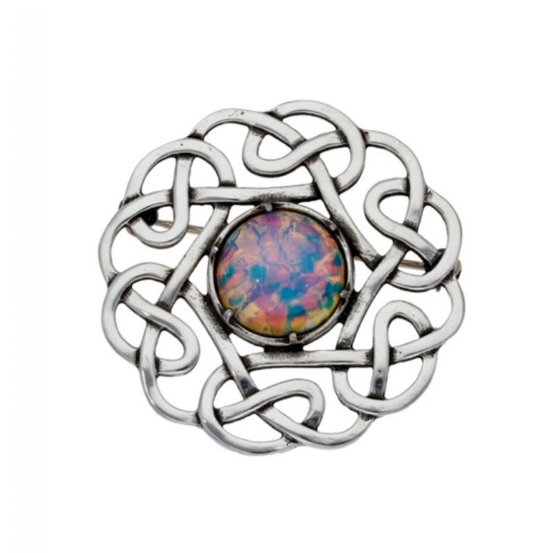 Image 1 of Celtic Endless Open Knotwork Opal Glass Stone Stylish Pewter Brooch