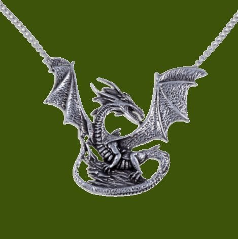 Image 0 of Winged Dragon On Rock Mystical Creature Themed Stylish Pewter Pendant