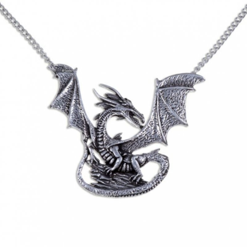 Image 1 of Winged Dragon On Rock Mystical Creature Themed Stylish Pewter Pendant