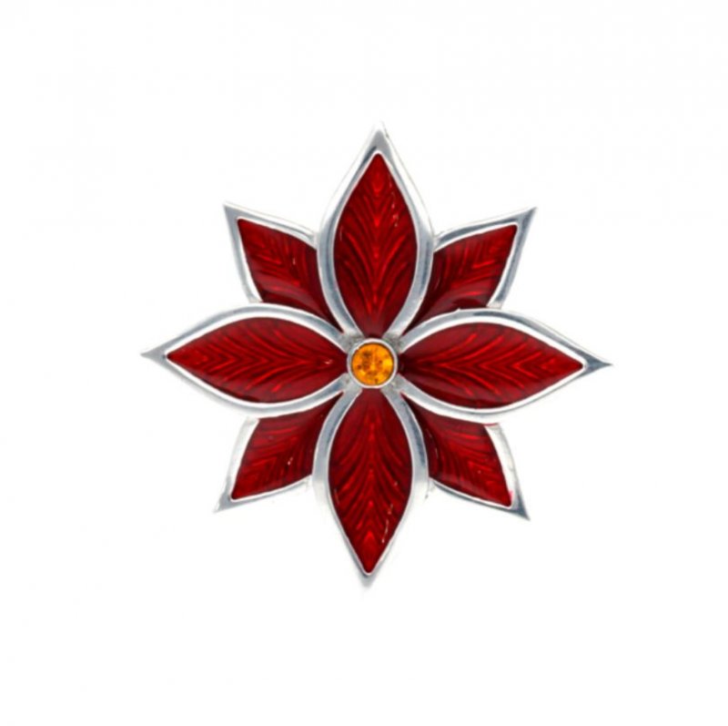 Image 1 of Poinsettia Flower Red Enamel Yellow Crystal Stylish Pewter Brooch