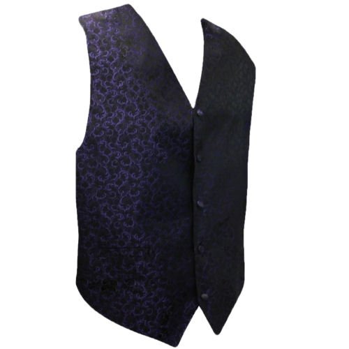 Image 1 of Purple On Black Floral Pattern Groom Formal Wedding Vest Mens Waistcoat 