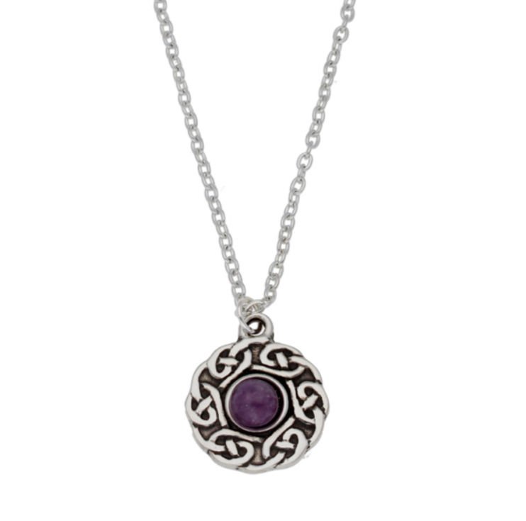 Image 1 of Celtic Knotwork Amethyst Glass Stone Circular Small Stylish Pewter Pendant