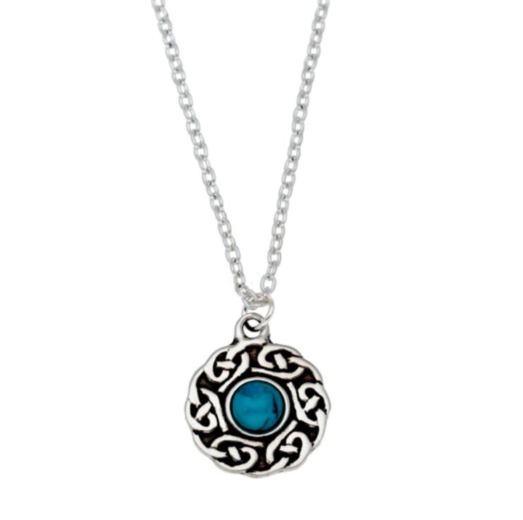 Image 1 of Celtic Knotwork Turquoise Glass Stone Circular Small Stylish Pewter Pendant