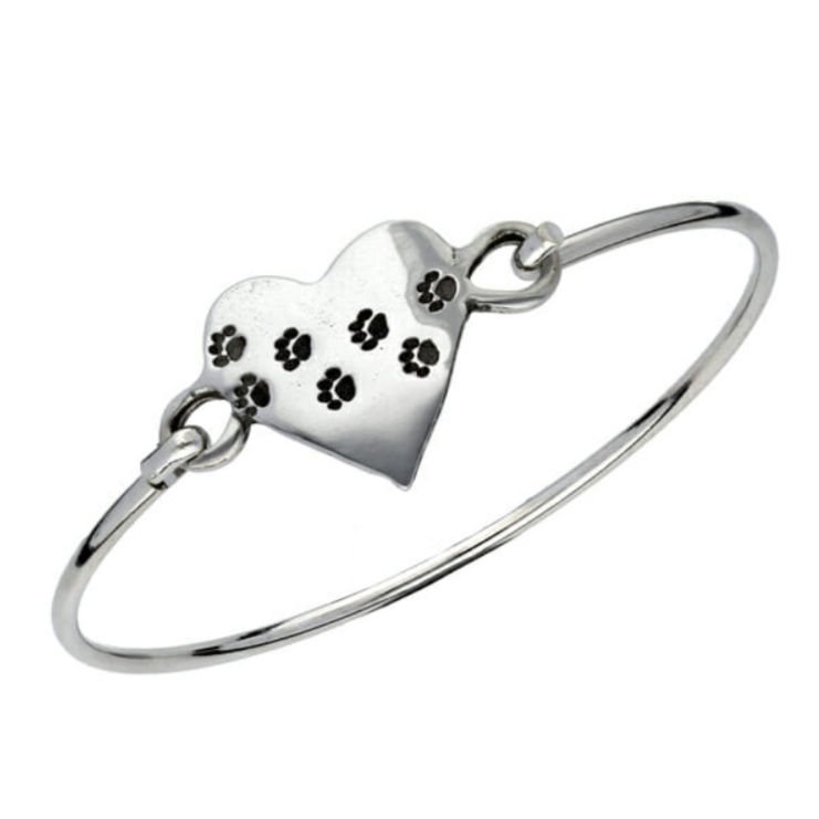 Image 1 of Heart Paw Prints Symbol Silver Plated Clip On Bangle