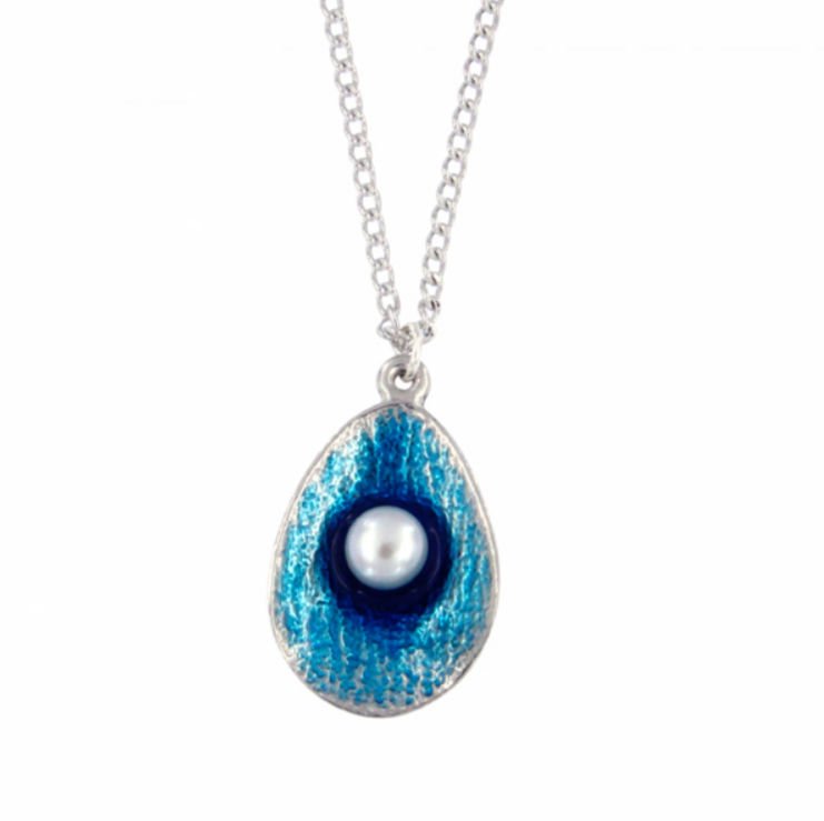 Image 1 of Ocean Blue Enamel Freshwater Pearl Stylish Pewter Pendant