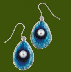 Ocean Blue Enamel Freshwater Pearl Sheppard Hook Stylish Pewter Earrings