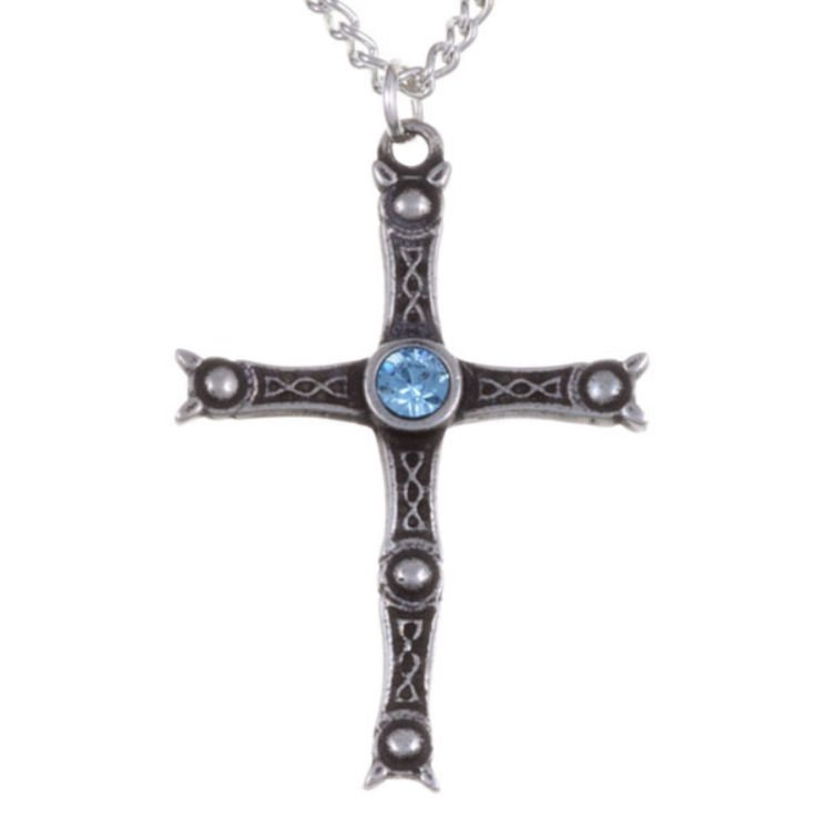 Image 1 of Staffordshire Hoard Cross Aqua Blue Crystal Stone Stylish Pewter Pendant