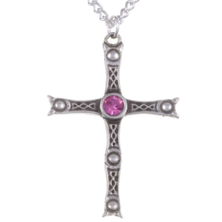 Image 1 of Staffordshire Hoard Cross Rose Pink Crystal Stone Stylish Pewter Pendant