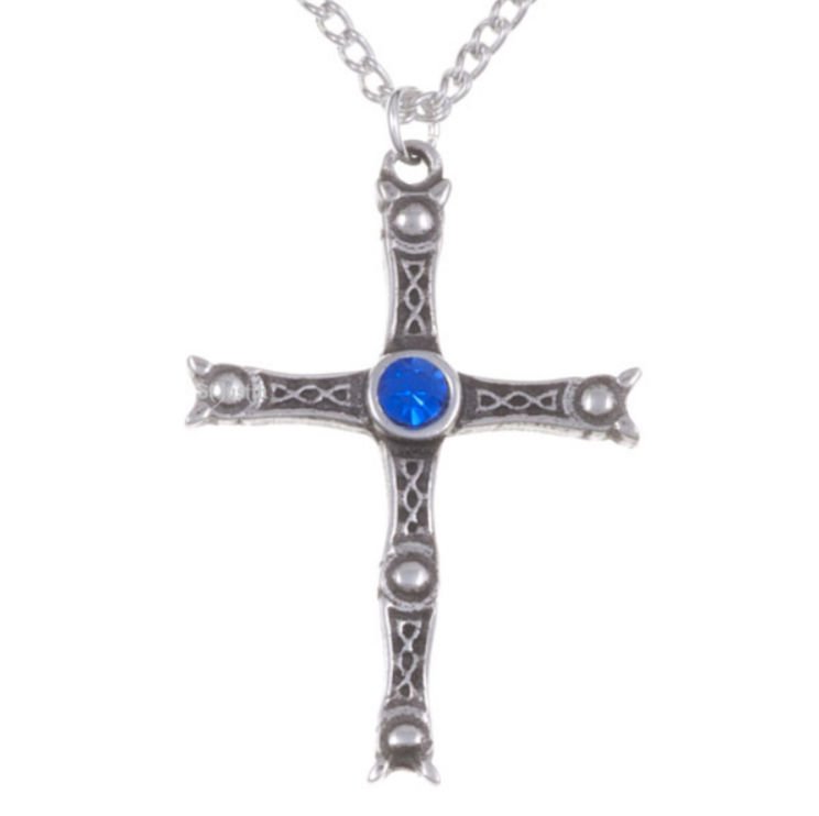 Image 1 of Staffordshire Hoard Cross Sapphire Blue Crystal Stone Stylish Pewter Pendant