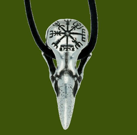 Image 0 of Helm Of Awe Raven Skull Viking Symbol Wax Cord Thong Stylish Pewter Pendant
