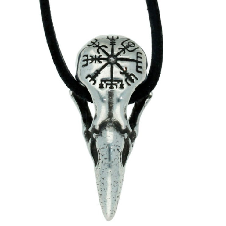 Image 1 of Helm Of Awe Raven Skull Viking Symbol Wax Cord Thong Stylish Pewter Pendant