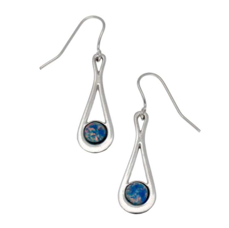 Image 1 of Teardrop Opal Glass Stone Stylish Pewter Sheppard Hook Earrings
