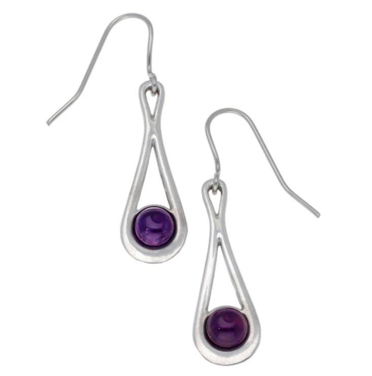 Image 1 of Teardrop Amethyst Glass Stone Stylish Pewter Sheppard Hook Earrings