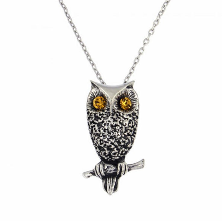 Image 1 of Owl Bird Themed Textured Yellow Crystal Stylish Pewter Pendant