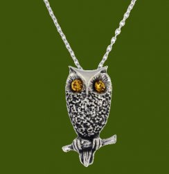Owl Bird Themed Textured Yellow Crystal Stylish Pewter Pendant