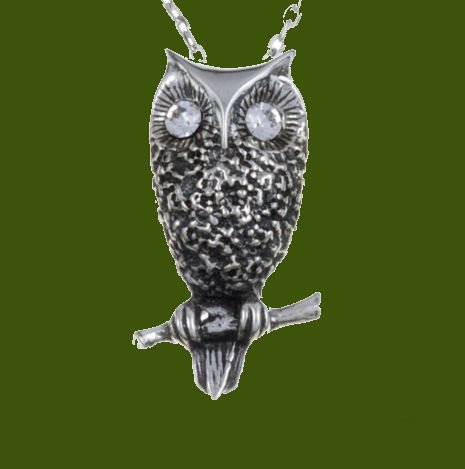 Image 0 of Owl Bird Themed Textured Clear Crystal Stylish Pewter Pendant