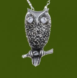 Owl Bird Themed Textured Clear Crystal Stylish Pewter Pendant