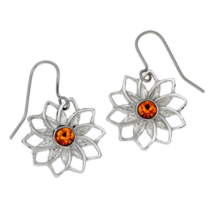Image 1 of Petal Flower Topaz Crystal Small Sheppard Hook Stylish Pewter Earrings