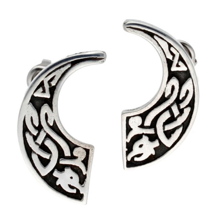 Image 1 of Celtic Beast Knotwork Crescent Stylish Pewter Stud Earrings
