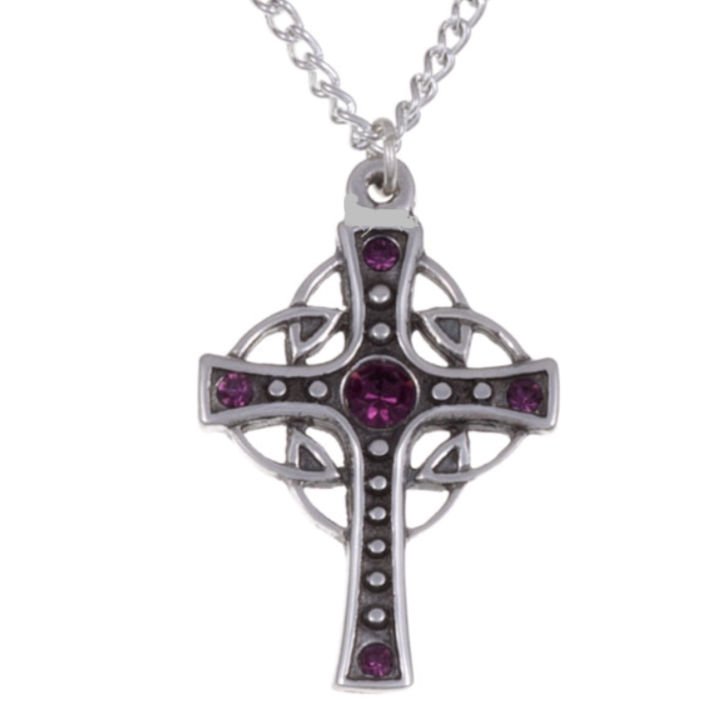 Image 1 of Endless Open Loop Antiqued Cross Purple Crystal Stone Stylish Pewter Pendant