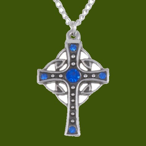 Image 0 of Endless Open Loop Antiqued Cross Blue Crystal Stone Stylish Pewter Pendant