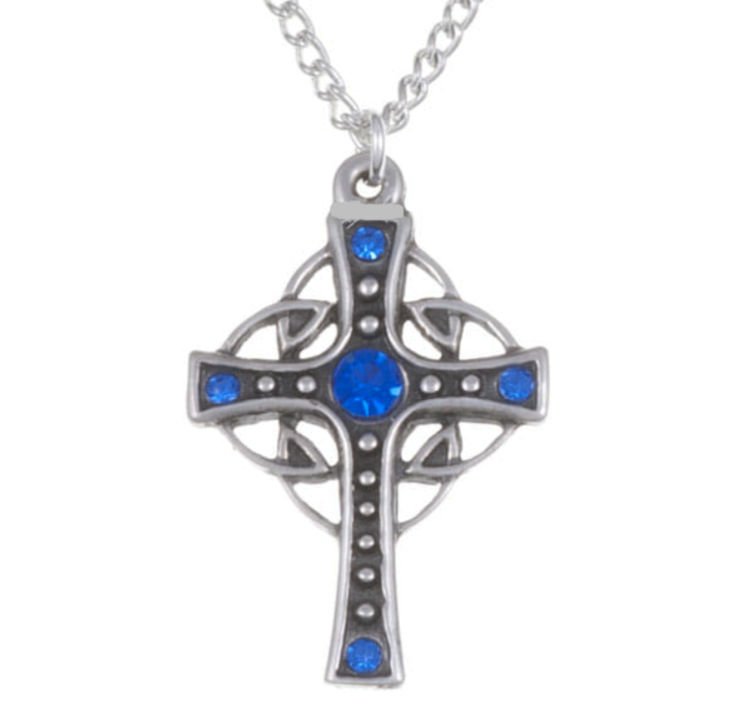 Image 1 of Endless Open Loop Antiqued Cross Blue Crystal Stone Stylish Pewter Pendant