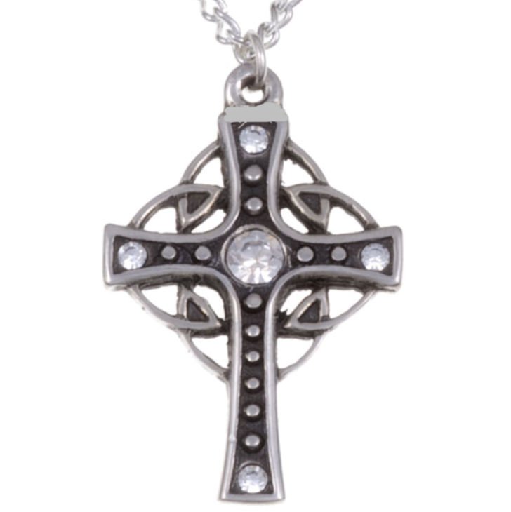 Image 1 of Endless Open Loop Antiqued Cross Clear Crystal Stone Stylish Pewter Pendant