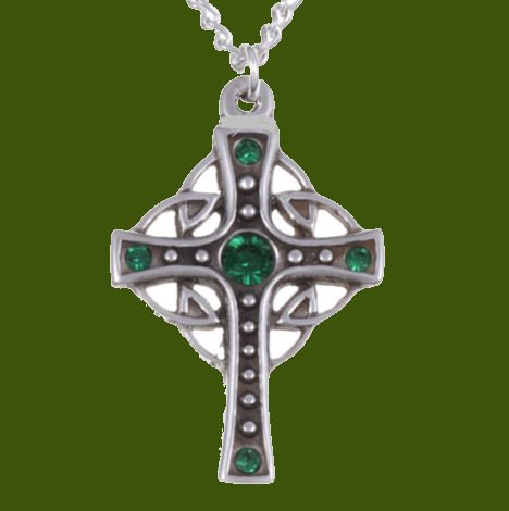 Image 0 of Endless Open Loop Antiqued Cross Green Crystal Stone Stylish Pewter Pendant