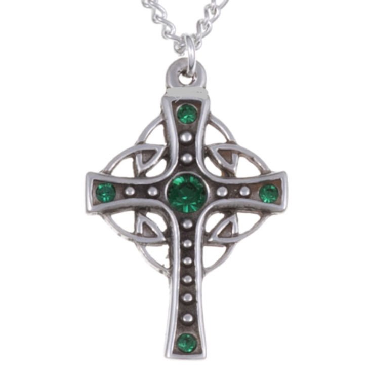 Image 1 of Endless Open Loop Antiqued Cross Green Crystal Stone Stylish Pewter Pendant