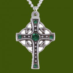 Endless Open Loop Antiqued Cross Green Crystal Stone Stylish Pewter Pendant