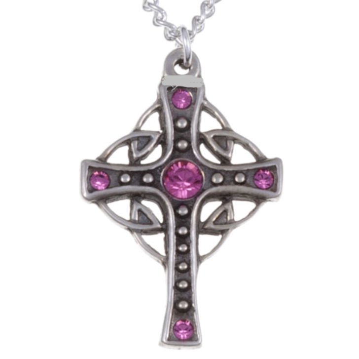 Image 1 of Endless Open Loop Antiqued Cross Pink Crystal Stone Stylish Pewter Pendant