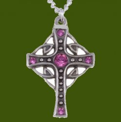 Endless Open Loop Antiqued Cross Pink Crystal Stone Stylish Pewter Pendant