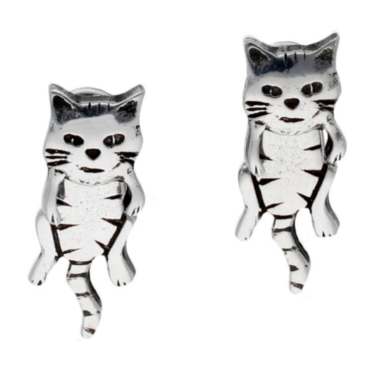 Image 1 of Dangle Cat Animal Themed Two-Part Small Stud Stylish Pewter Earrings