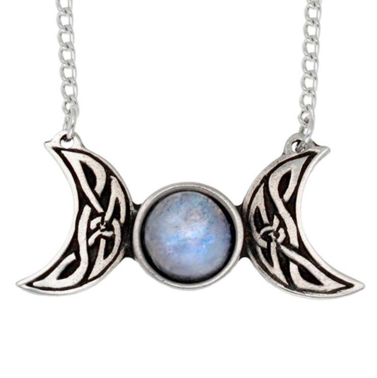Image 1 of Moonstone Celtic Knotwork Triple Moon Stylish Pewter Necklace