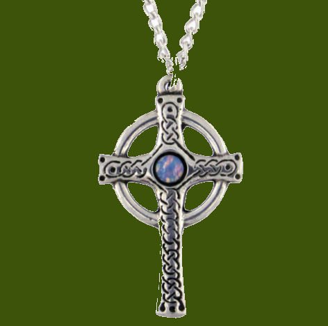 Image 0 of Ancient Knotwork Celtic Cross Opal Glass Stone Stylish Pewter Pendant