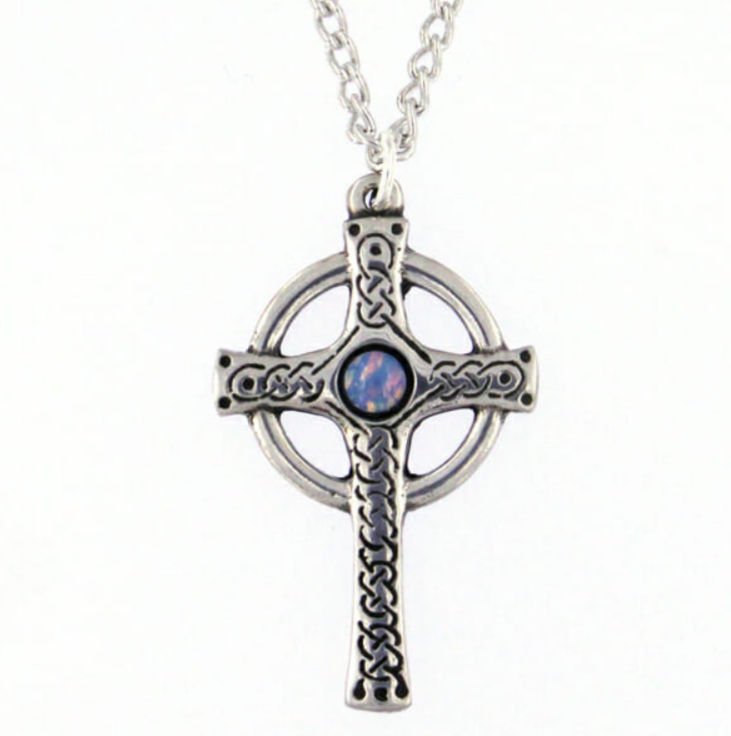 Image 1 of Ancient Knotwork Celtic Cross Opal Glass Stone Stylish Pewter Pendant