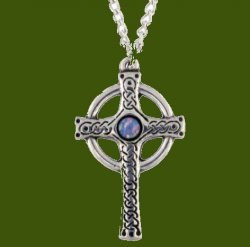 Ancient Knotwork Celtic Cross Opal Glass Stone Stylish Pewter Pendant