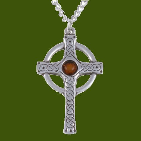 Image 0 of Ancient Knotwork Celtic Cross Amber Glass Stone Stylish Pewter Pendant