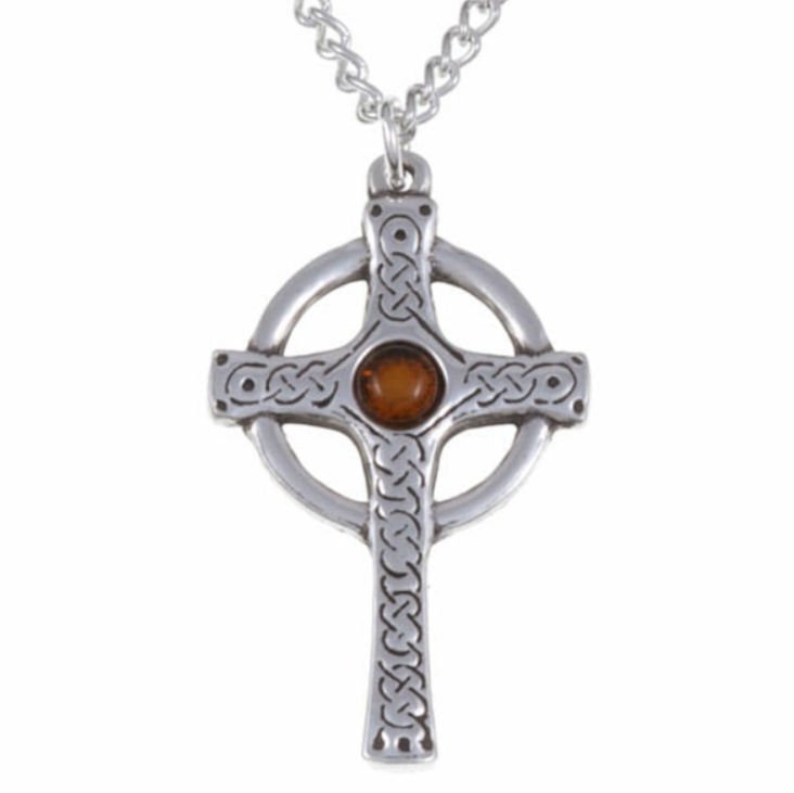 Image 1 of Ancient Knotwork Celtic Cross Amber Glass Stone Stylish Pewter Pendant