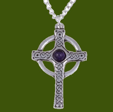 Image 0 of Ancient Knotwork Celtic Cross Amethyst Glass Stone Stylish Pewter Pendant