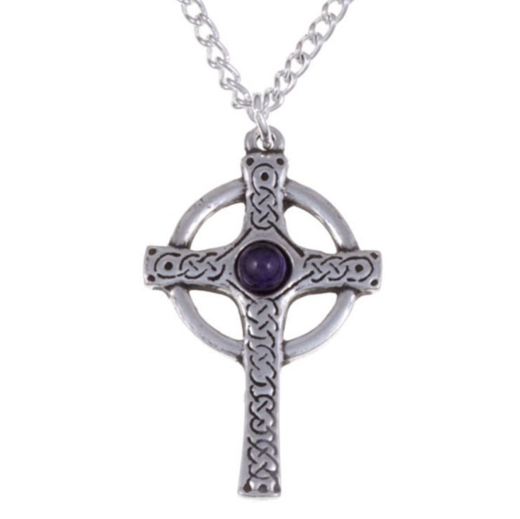 Image 1 of Ancient Knotwork Celtic Cross Amethyst Glass Stone Stylish Pewter Pendant