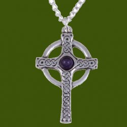 Ancient Knotwork Celtic Cross Amethyst Glass Stone Stylish Pewter Pendant