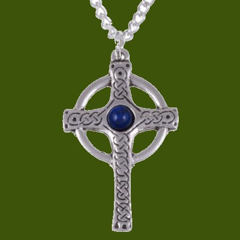 Image 0 of Ancient Knotwork Celtic Cross Lapis Lazuli Glass Stone Stylish Pewter Pendant