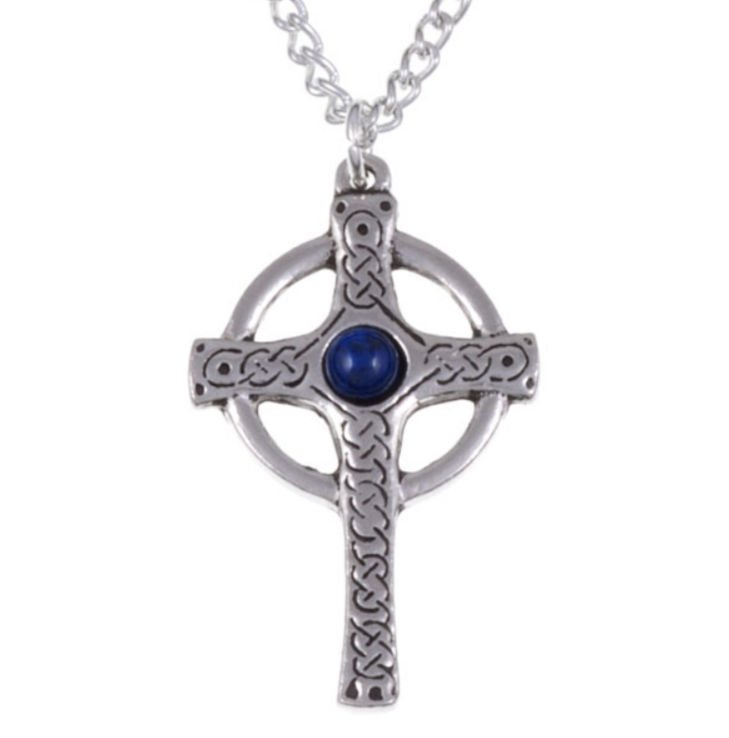 Image 1 of Ancient Knotwork Celtic Cross Lapis Lazuli Glass Stone Stylish Pewter Pendant