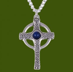 Ancient Knotwork Celtic Cross Lapis Lazuli Glass Stone Stylish Pewter Pendant