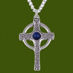 Ancient Knotwork Celtic Cross Lapis Lazuli Glass Stone Stylish Pewter Pendant