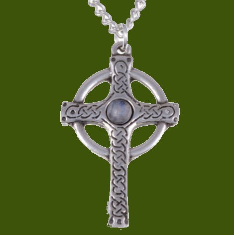 Image 0 of Ancient Knotwork Celtic Cross Moonstone Glass Stone Stylish Pewter Pendant