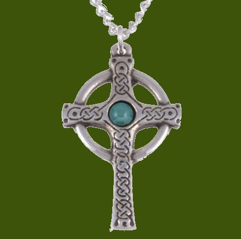 Image 0 of Ancient Knotwork Celtic Cross Turquoise Glass Stone Stylish Pewter Pendant